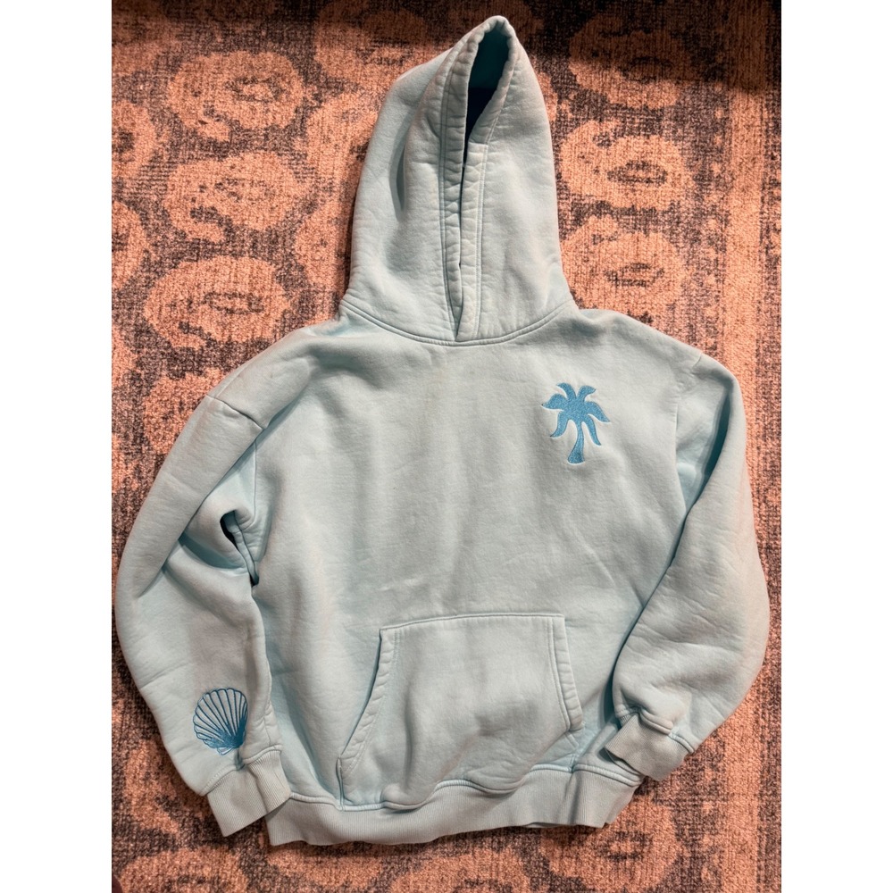 Pink Palm Puff "Everything Comes in Waves" Hoodie in Blue Size Large